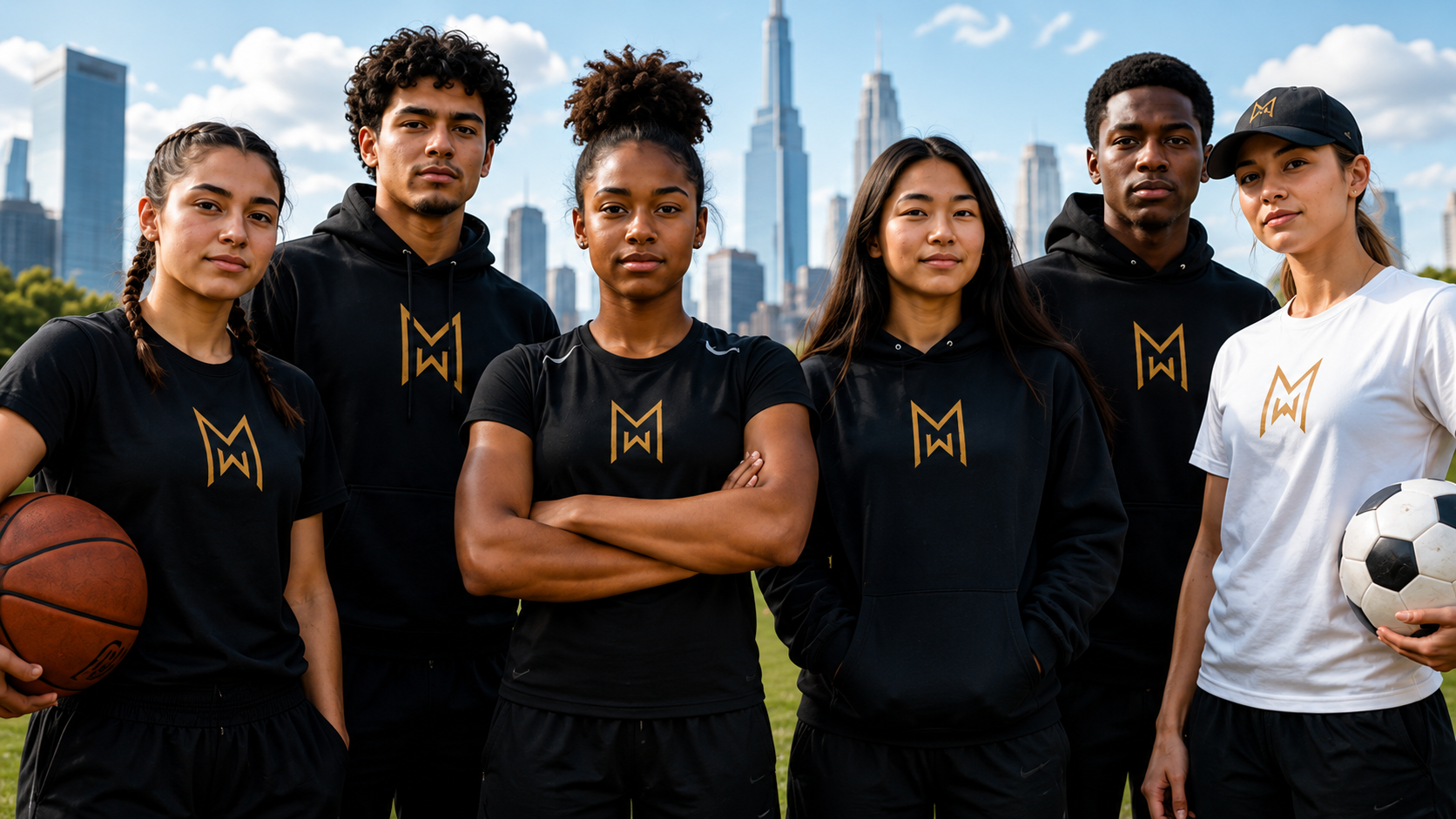 Move With Honor youth athletes standing together in front of a city skyline