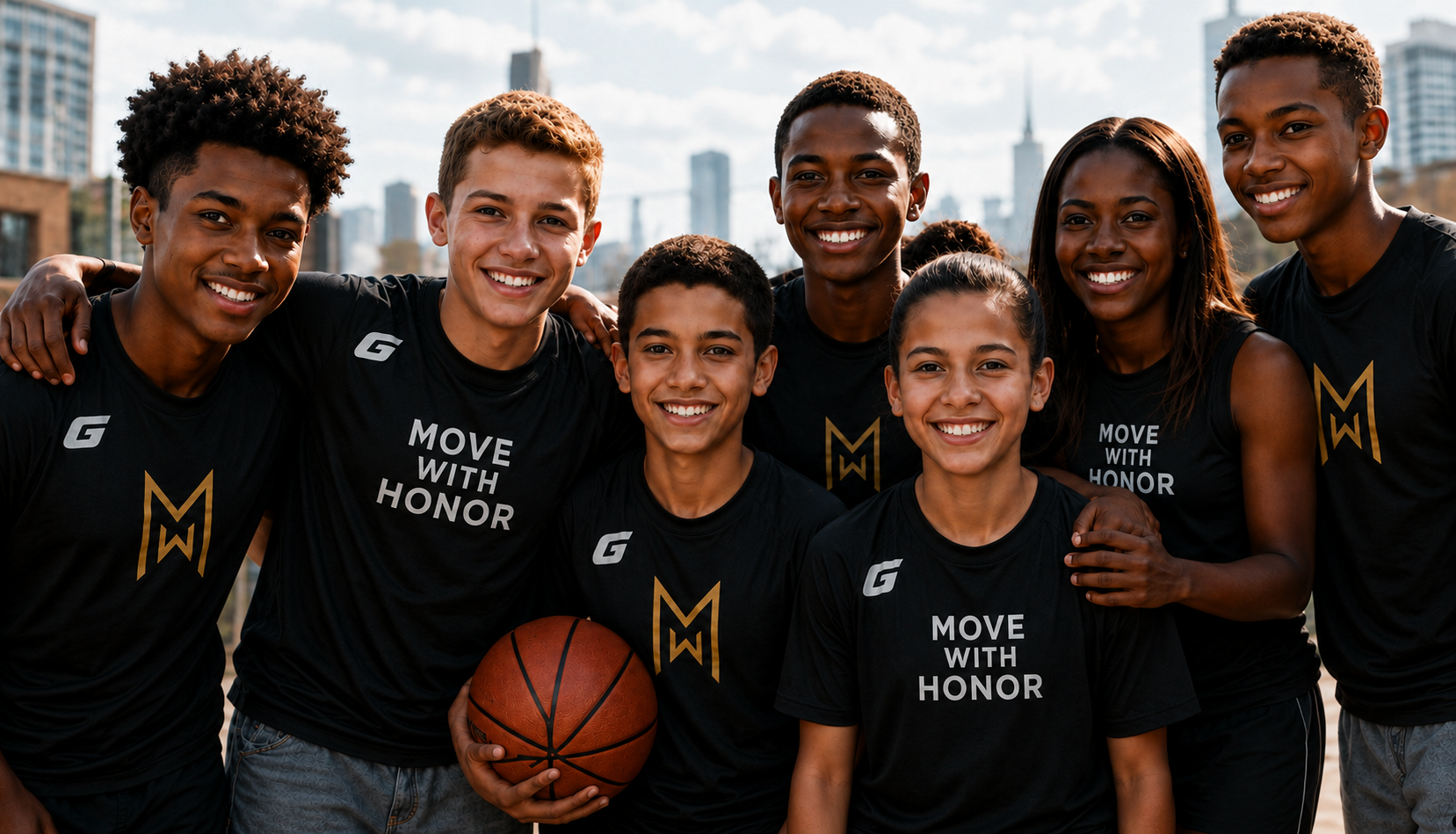 Move With Honor student athlete wearing a branded backpack near a city wall