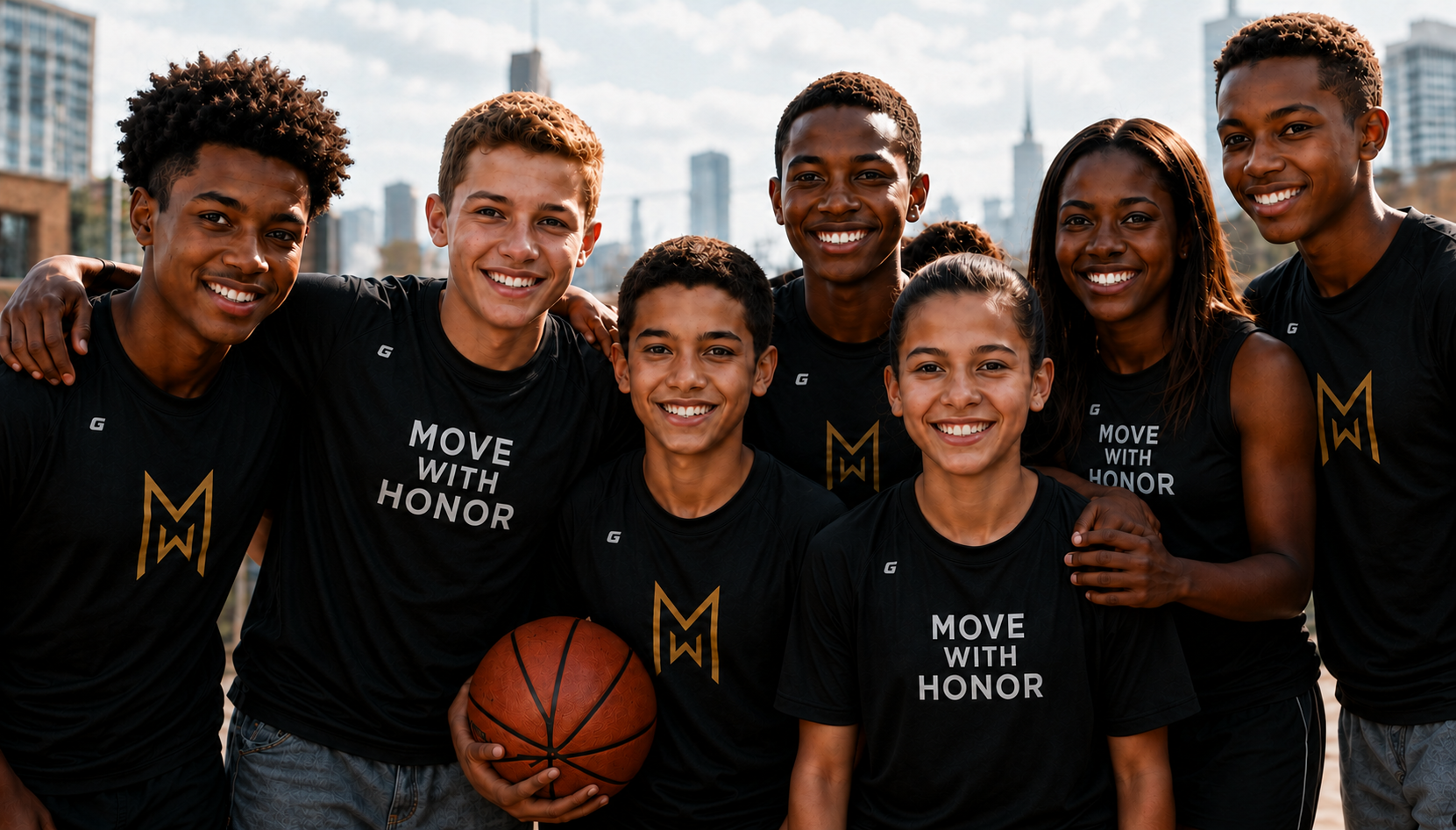 Smiling youth athletes gathered together
